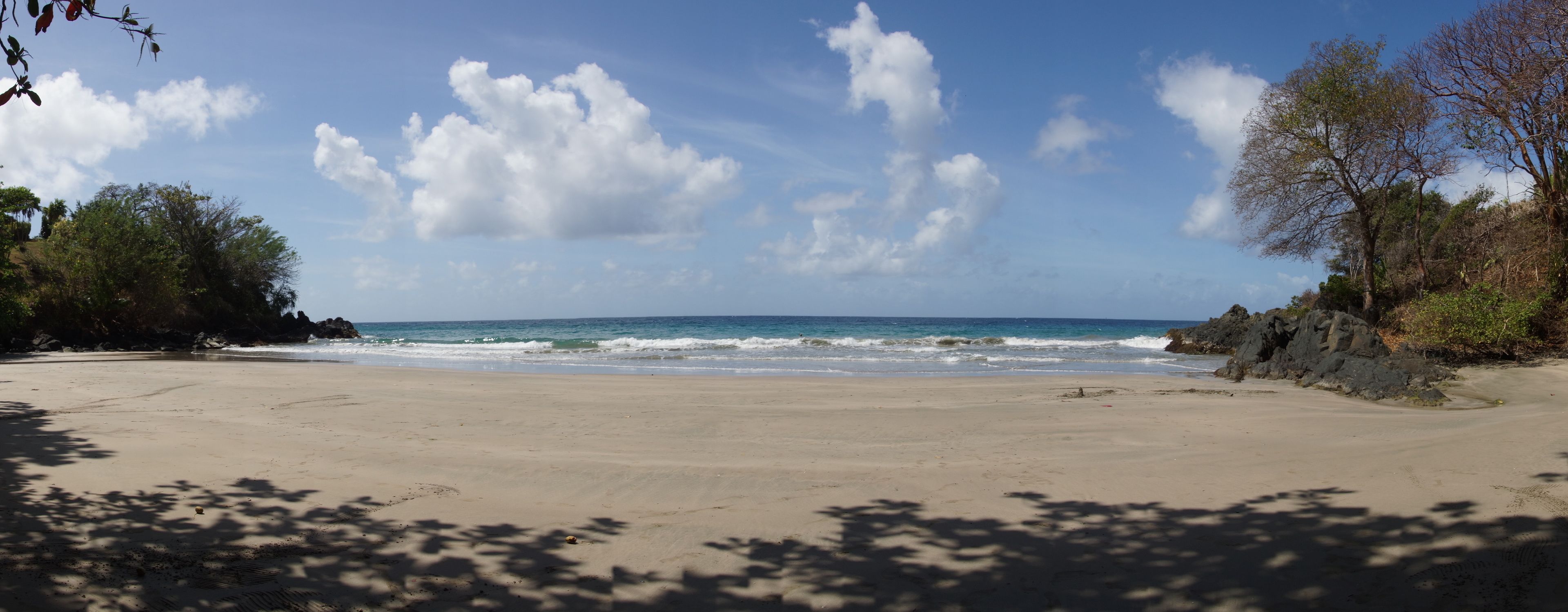 Una playa con cielo despejado, olas del océano y afloramientos rocosos.