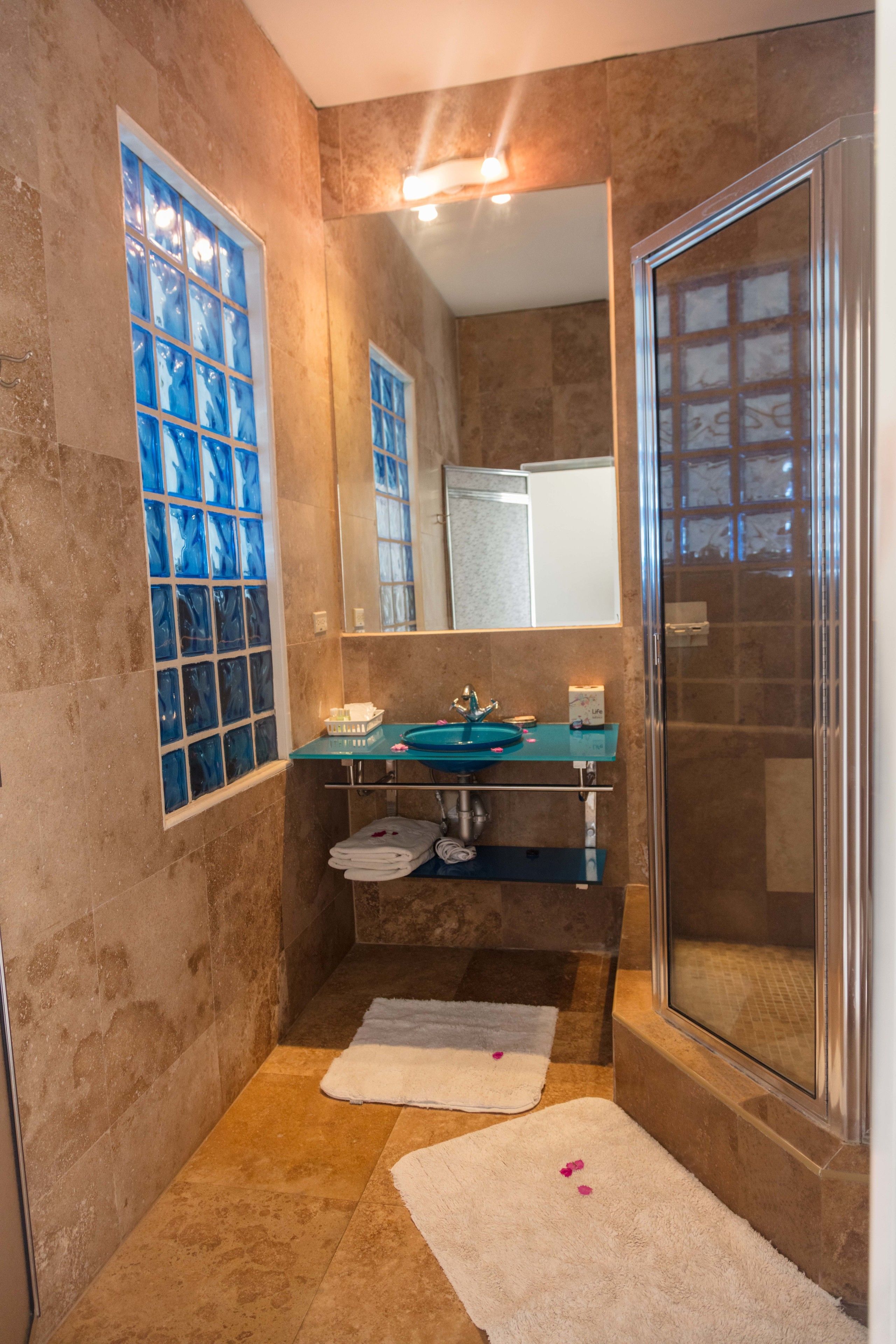 A bathroom with a glass shower enclosure, a sink with a blue basin, and a large mirror above the sink.