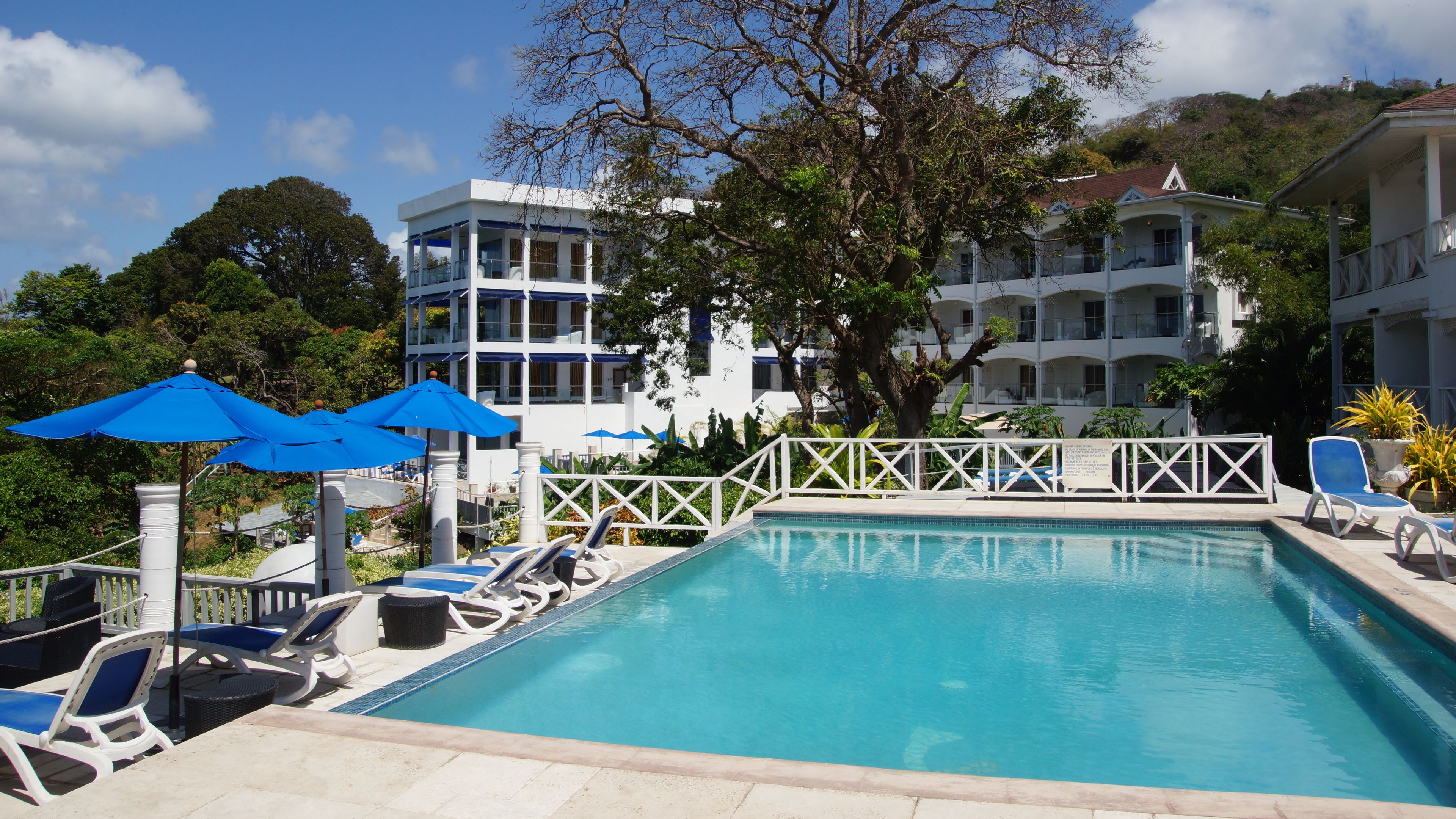 A pool area with lounge chairs and umbrellas, surrounded by a white fence and trees.