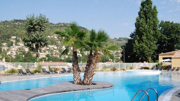 A swimming pool with a wooden deck, palm trees, and a view of a hillside town. - Lagrange Vacances Les Cottages Varois (Sollies-Toucas)