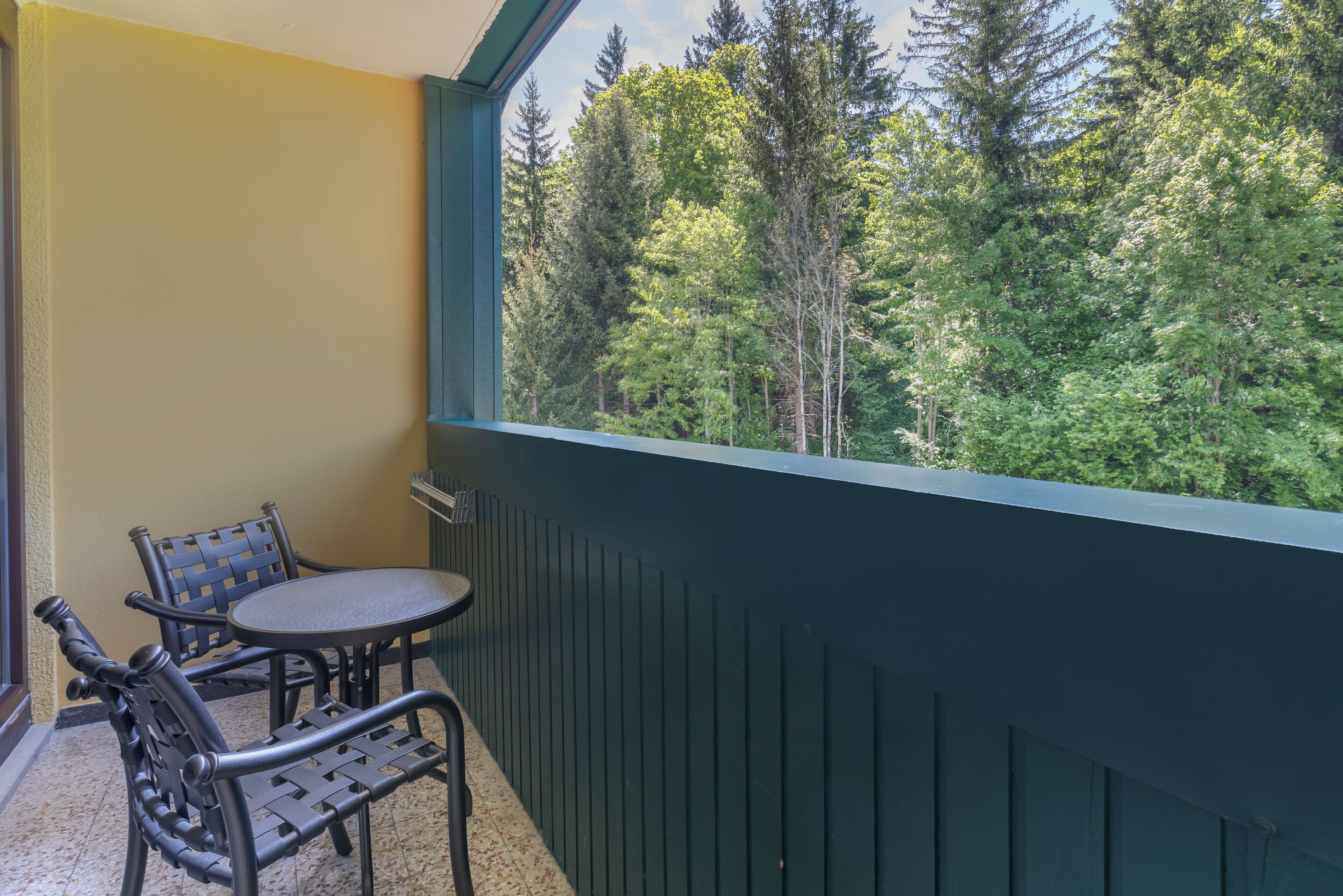 A balcony with a table and chairs, overlooking a forested area.
