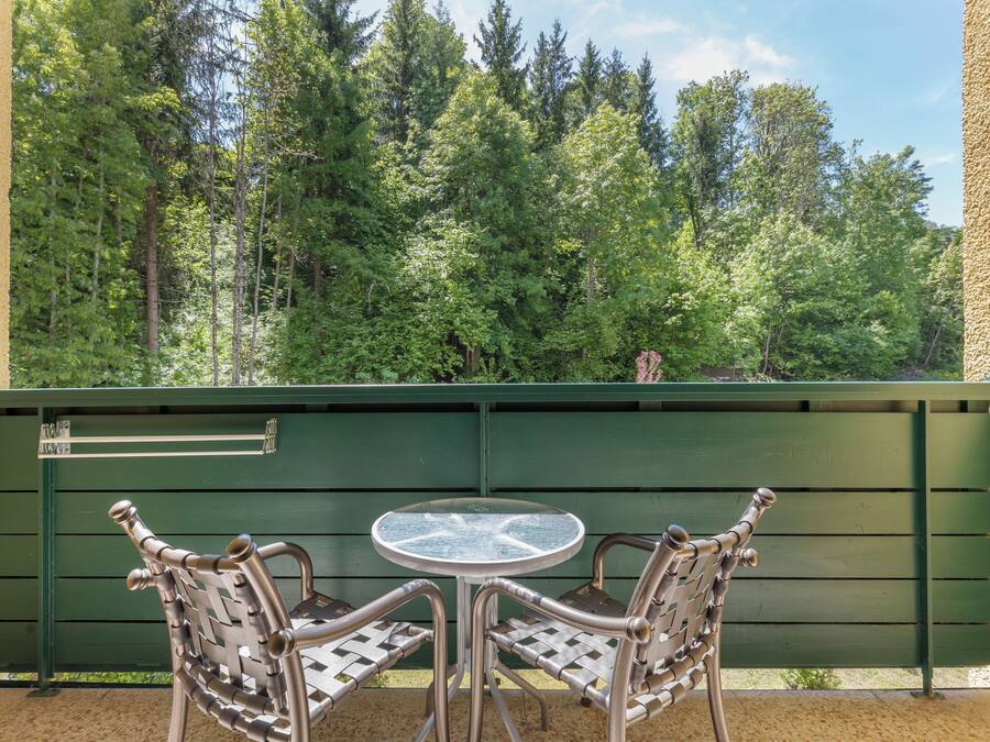 A patio with a round table and two chairs, a green fence, and a forest view.