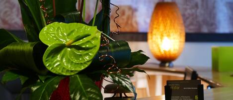 A reception desk with a potted plant, a lamp, and a business card.
