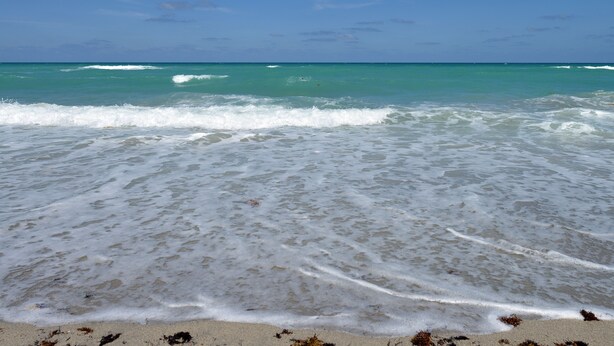 Una playa con olas y cielo azul claro.