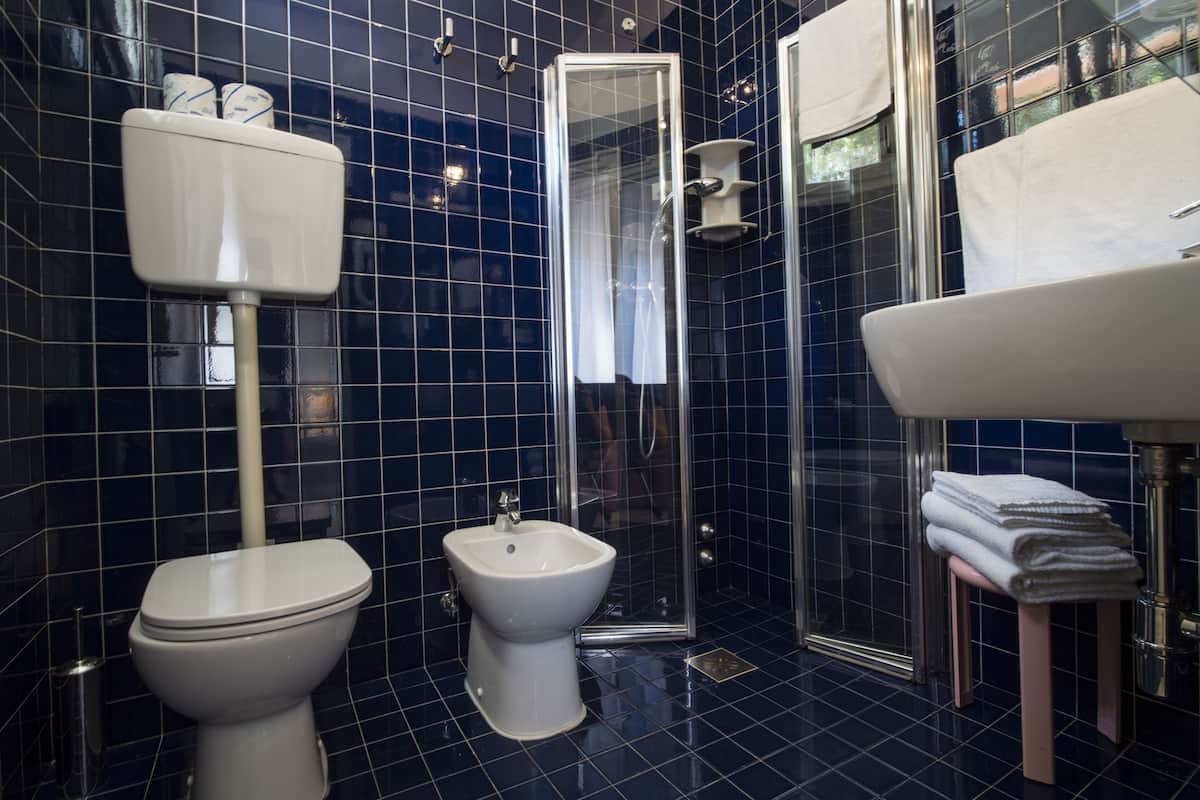 standard single room | bathroom | shower, free toiletries, hair dryer, towels