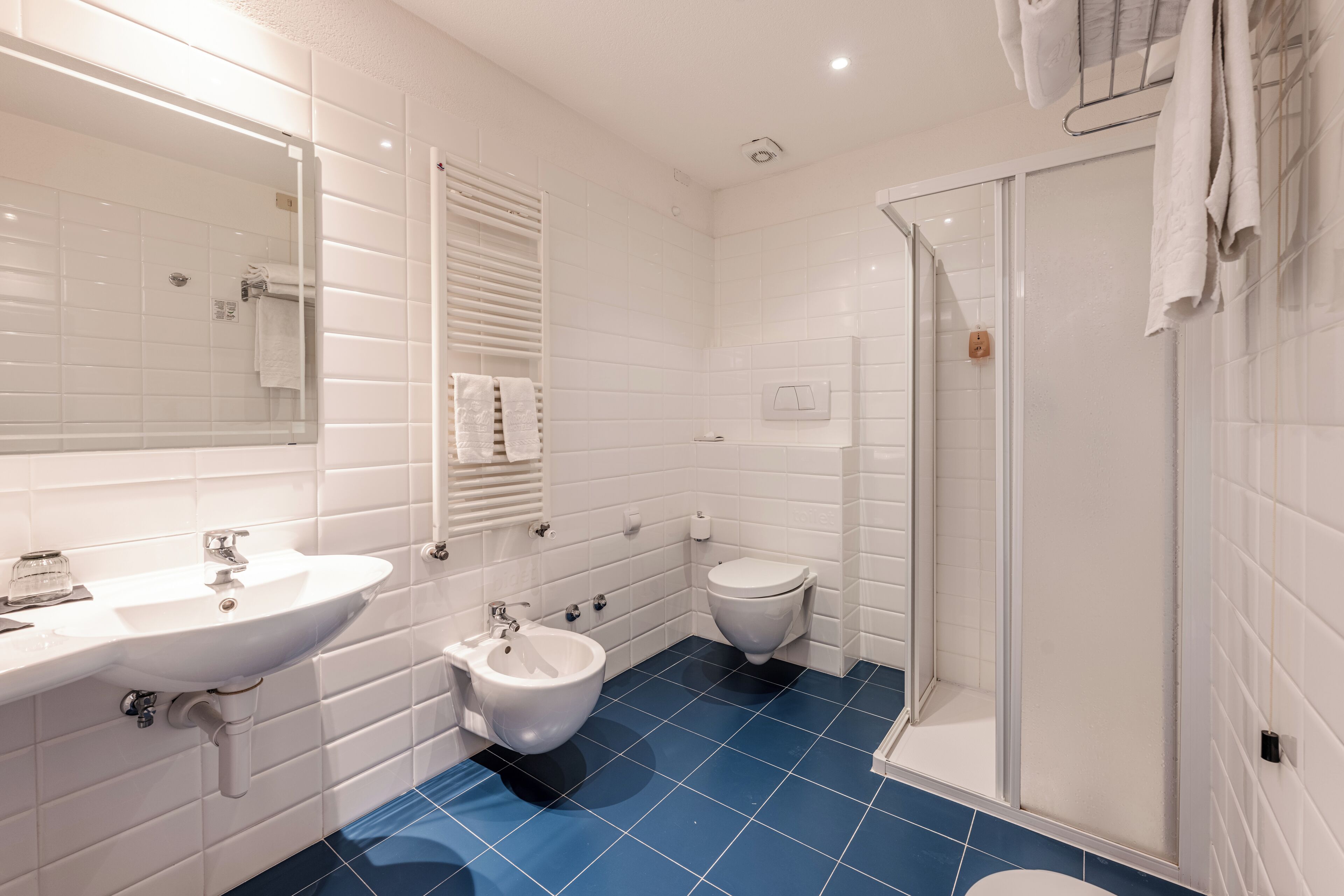 A bathroom with a white sink, bidet, toilet, and a glass-enclosed shower.