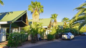 A building with a green roof, surrounded by palm trees and a parked car.