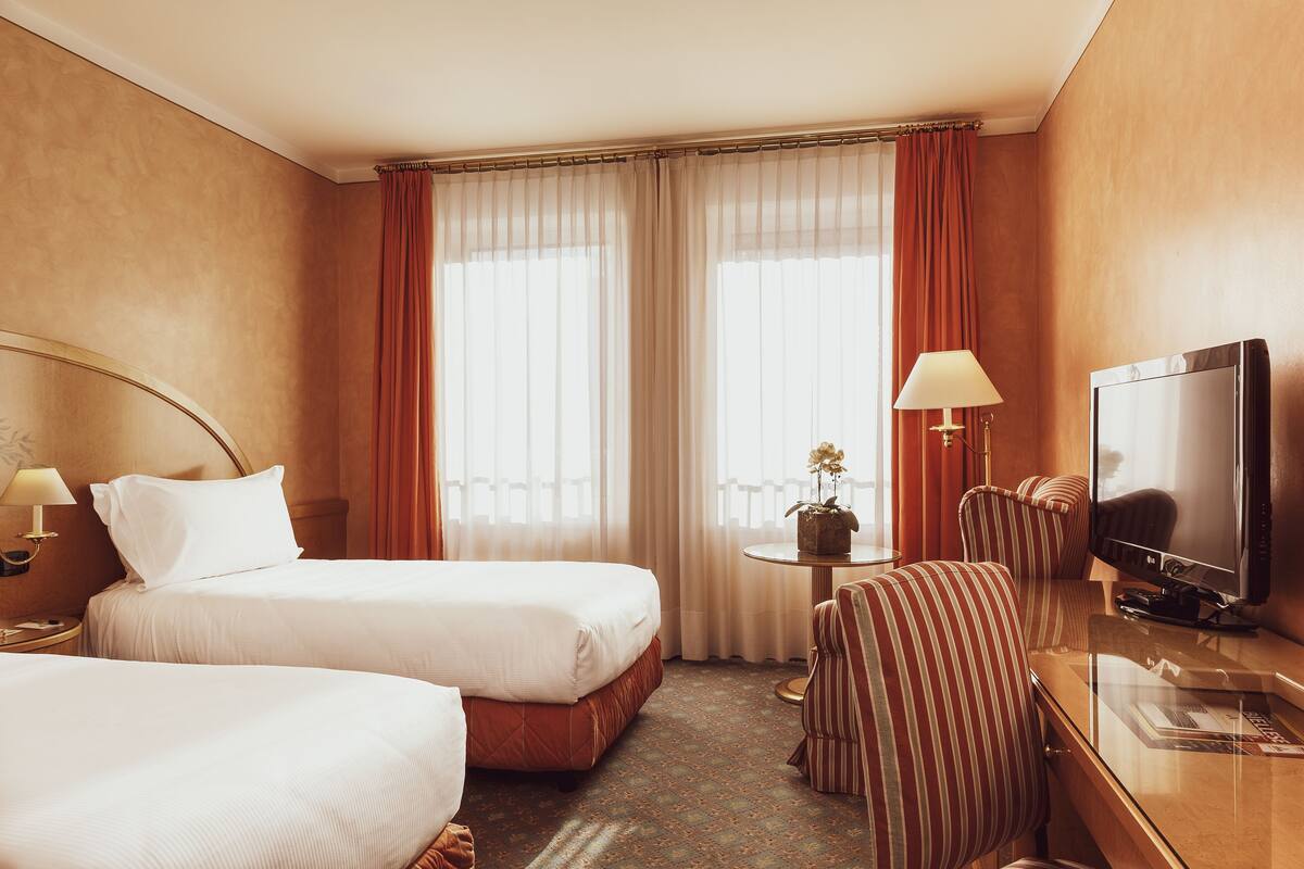 Een hotelkamer met twee bedden, een televisie, een bureau met lamp en een kleine tafel met een plant.