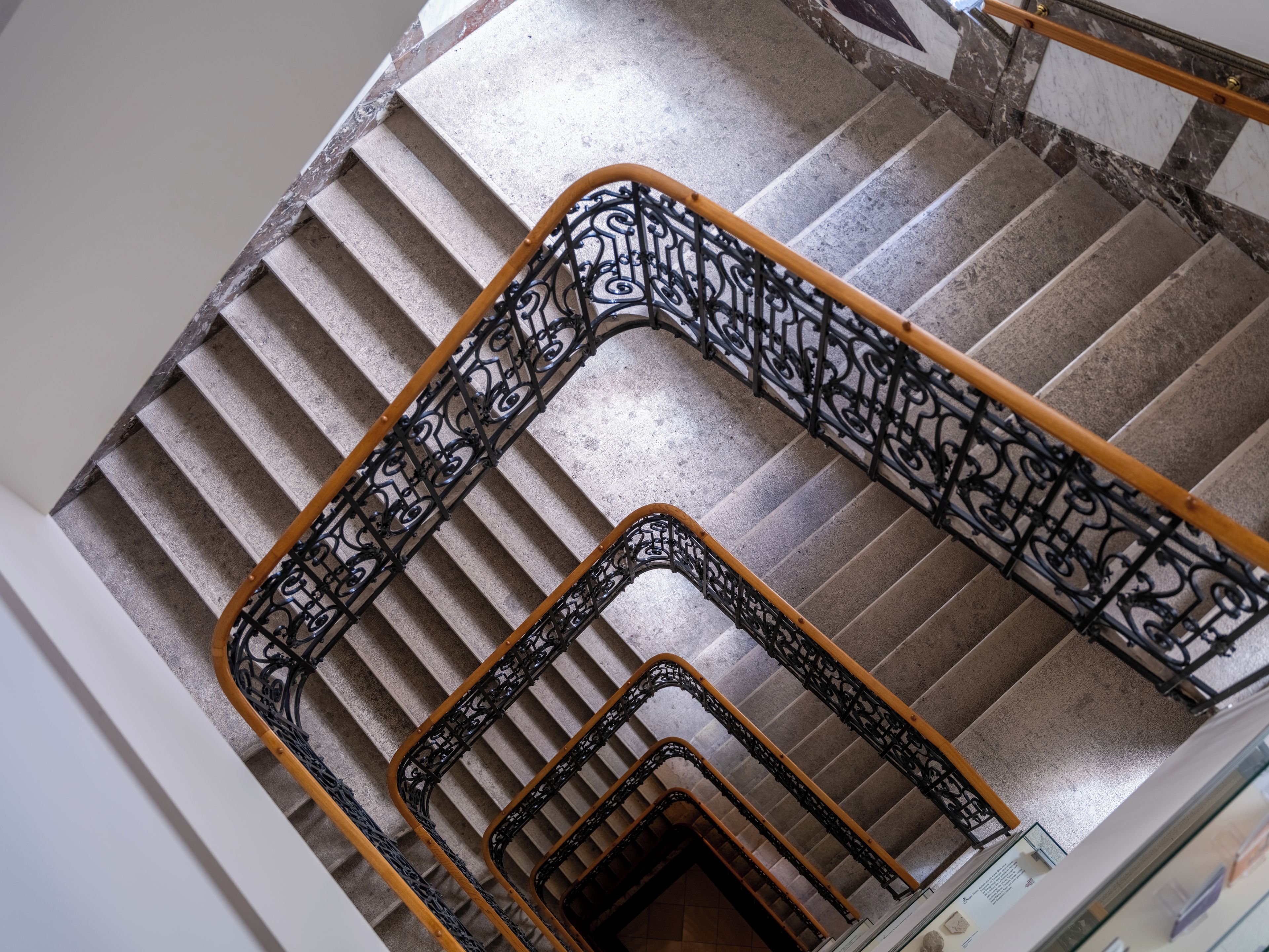 Una escalera de caracol con barandales de metal negro ornamentados y pasamanos de madera.