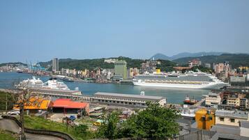 A cruise ship docked at a port with a cityscape in the background.