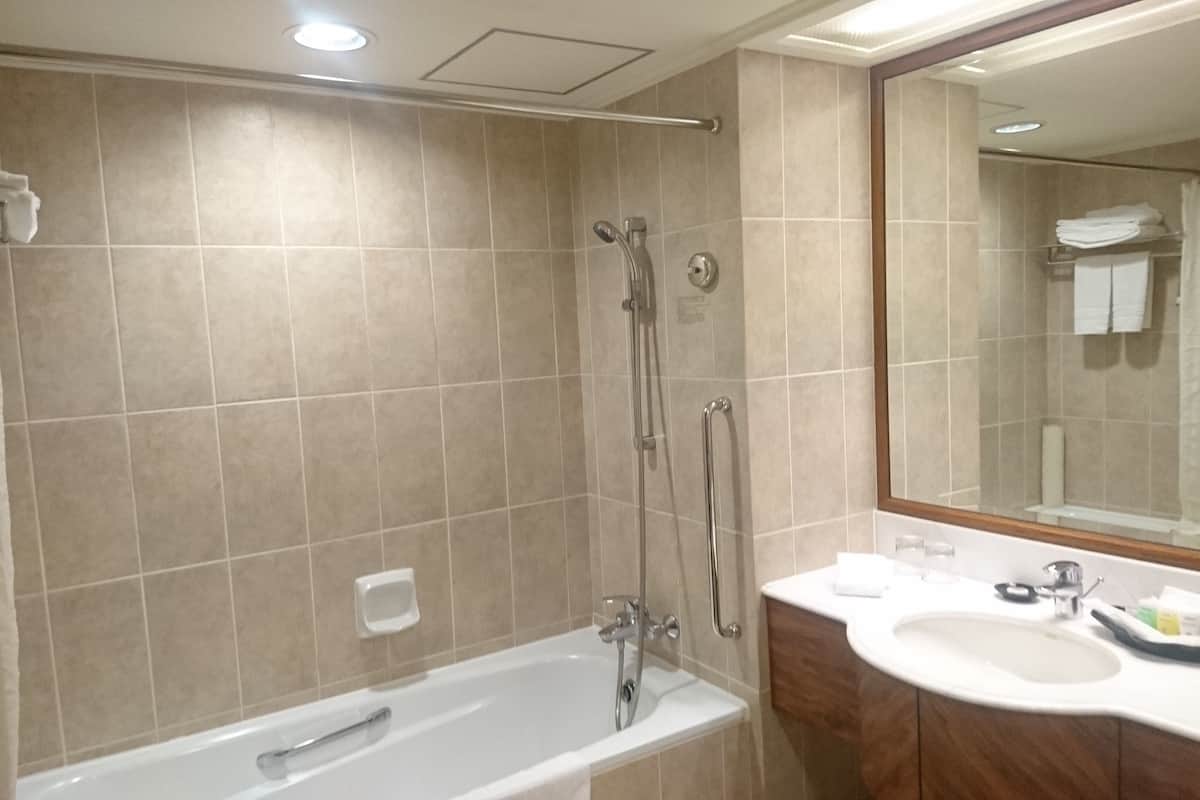 combined shower/bathtub, deep-soaking bathtub, hair dryer, bathrobes