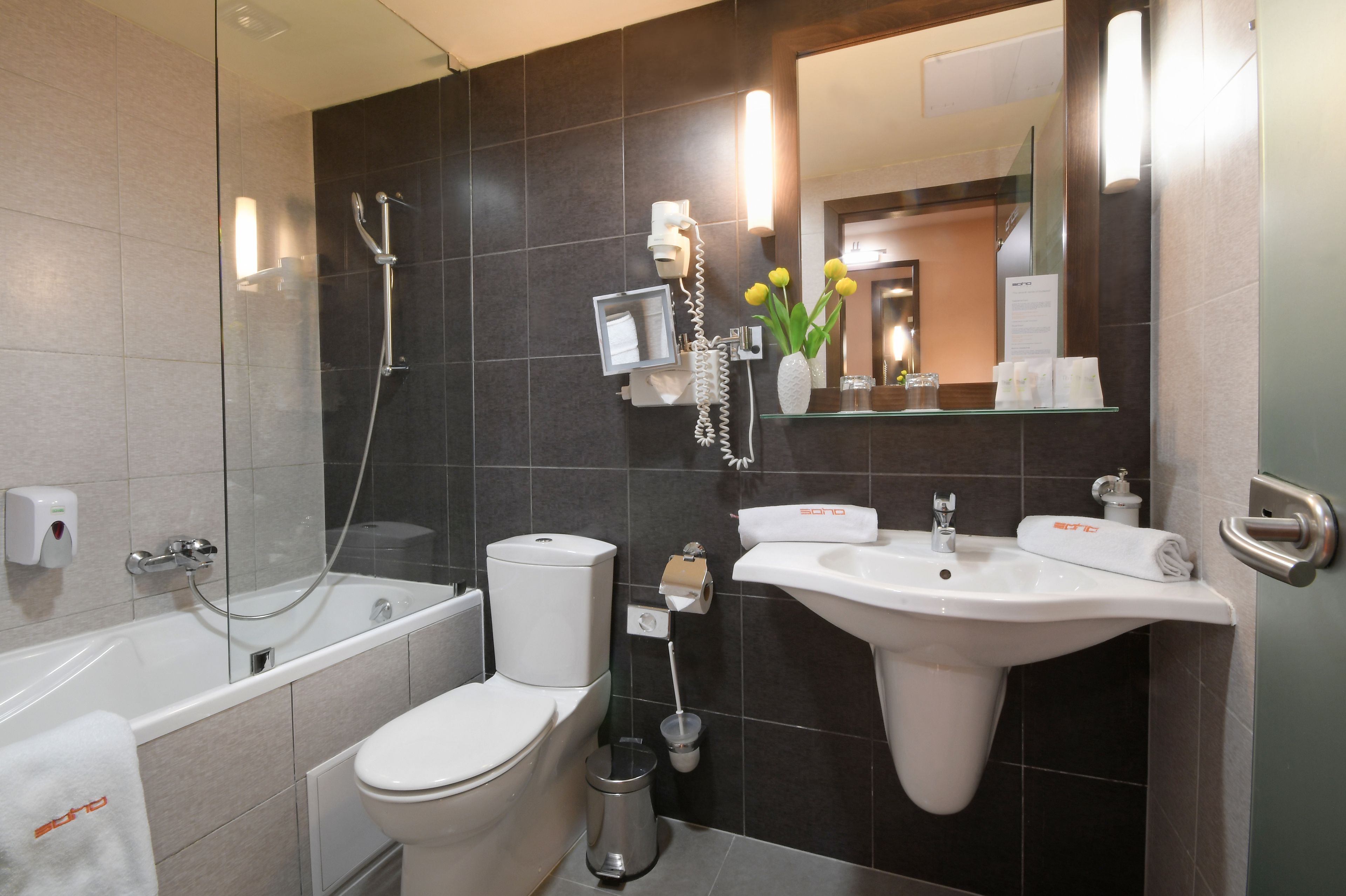 suite | bathroom | combined shower/bathtub, hair dryer, slippers, towels