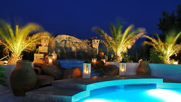 Outdoor pool, pool umbrellas, pool loungers