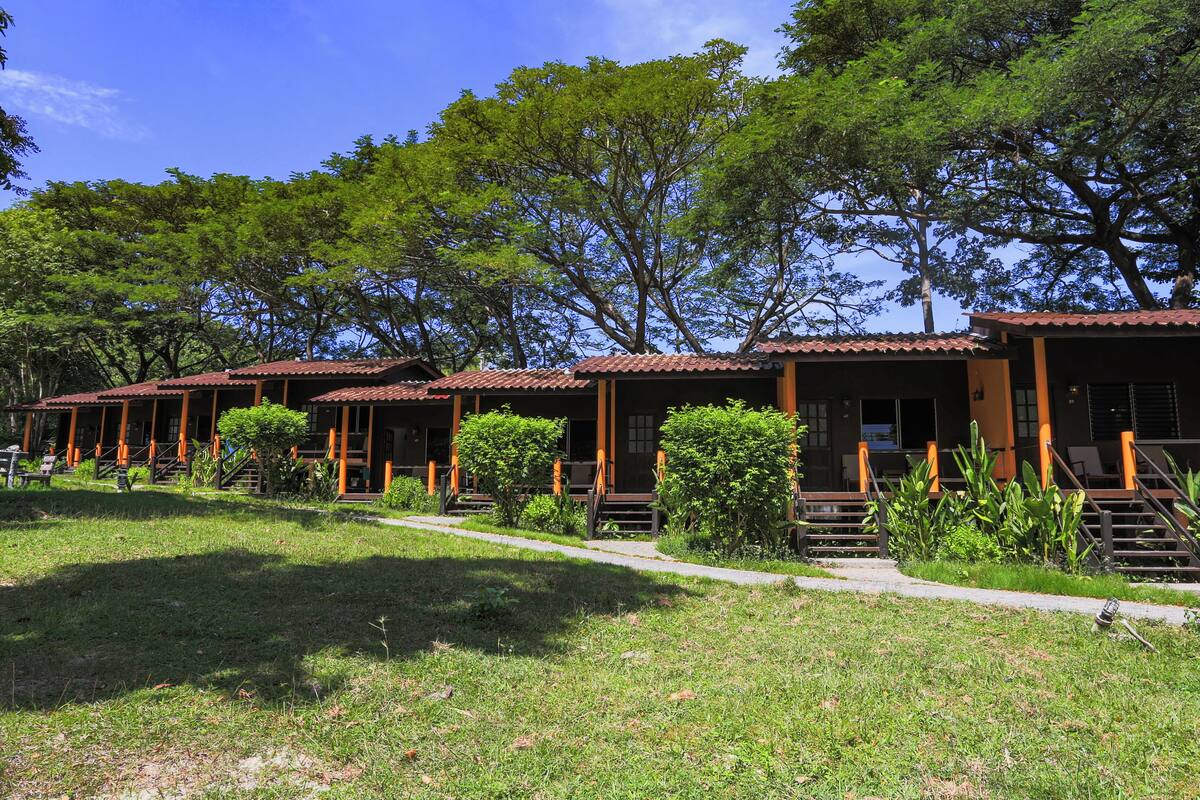 A row of small, single-story cabins with wooden exteriors and tiled roofs, surrounded by lush greenery and trees.