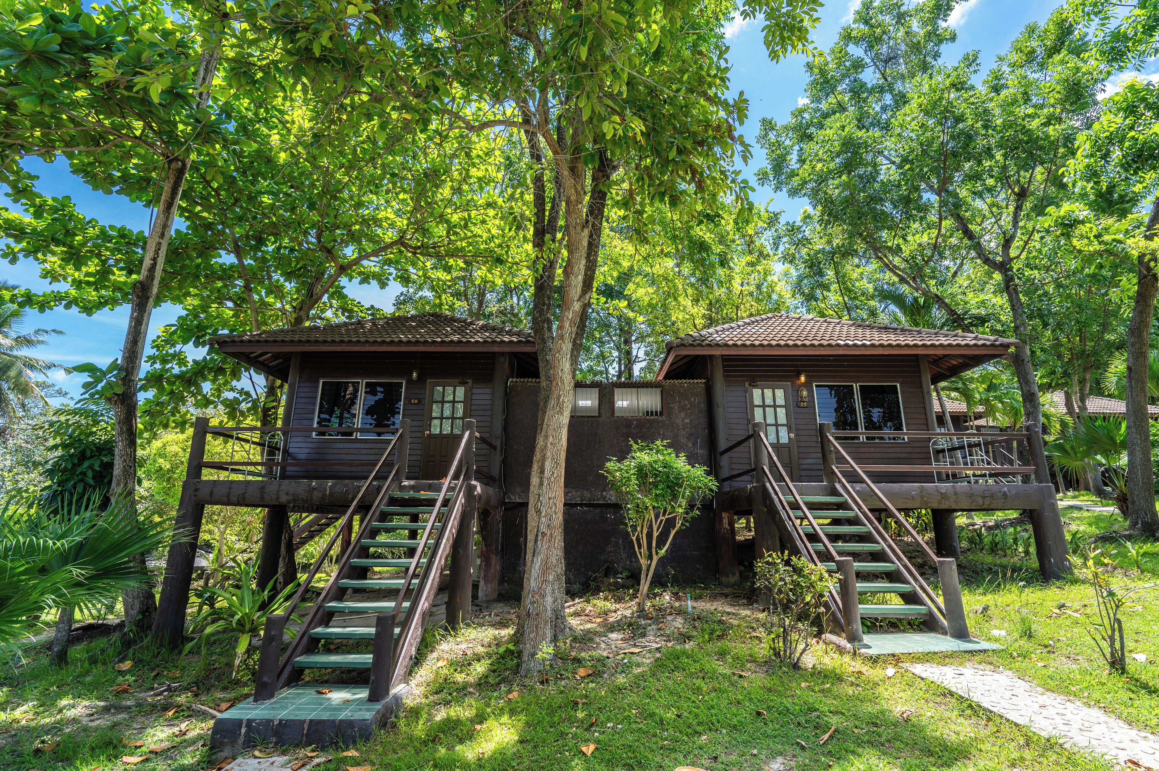 Two wooden cabins with external stairs, surrounded by lush greenery and trees.