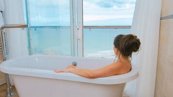 Combined shower/tub, free toiletries, hair dryer, towels