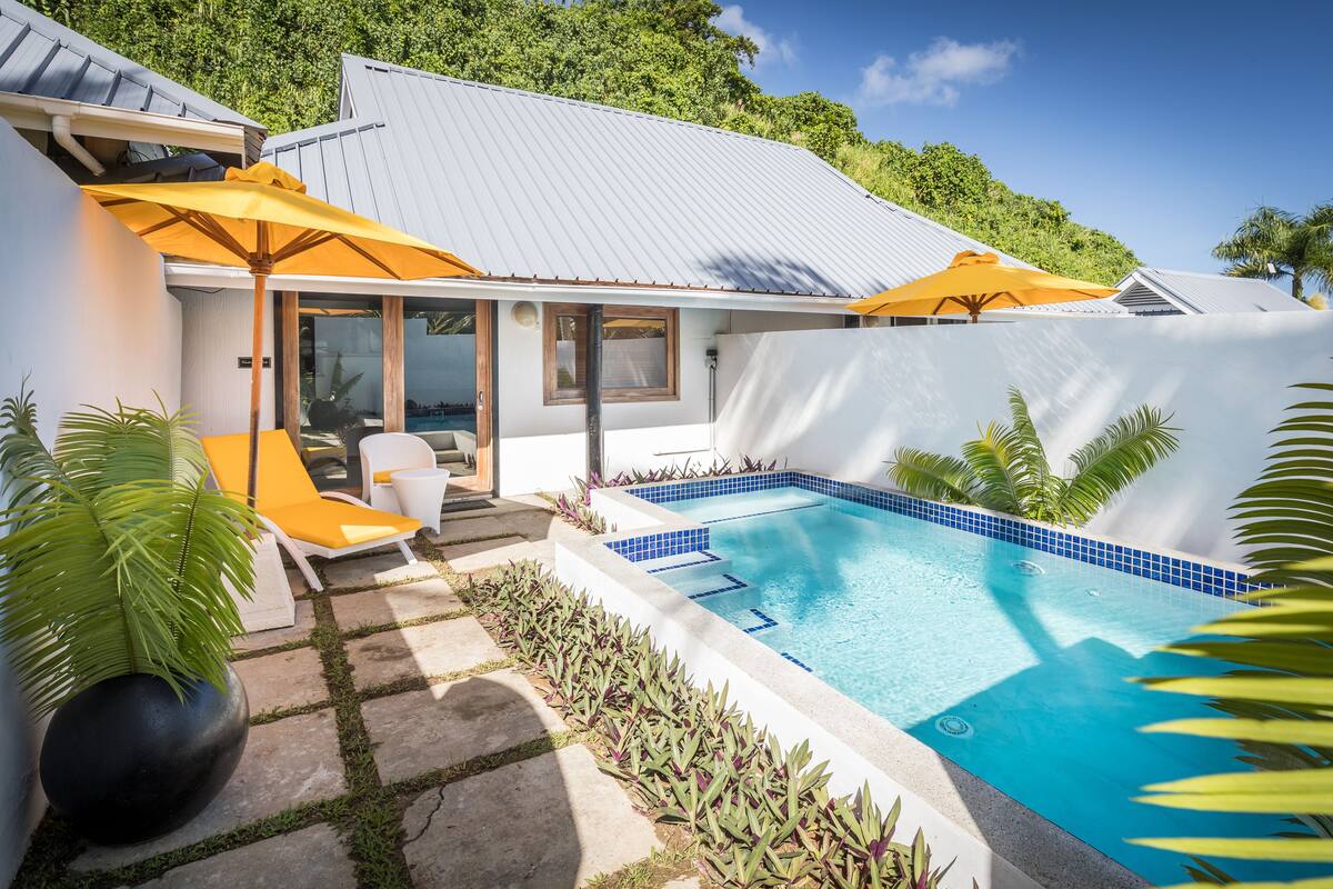 Une maison moderne dotée d’une piscine, d’un espace salon extérieur et offrant une vue sur la verdure environnante.