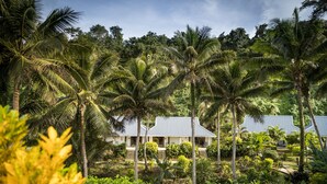 A tropical resort with palm trees, a house with a blue roof, and lush greenery. - Wellesley Resort (Namaqumaqua)