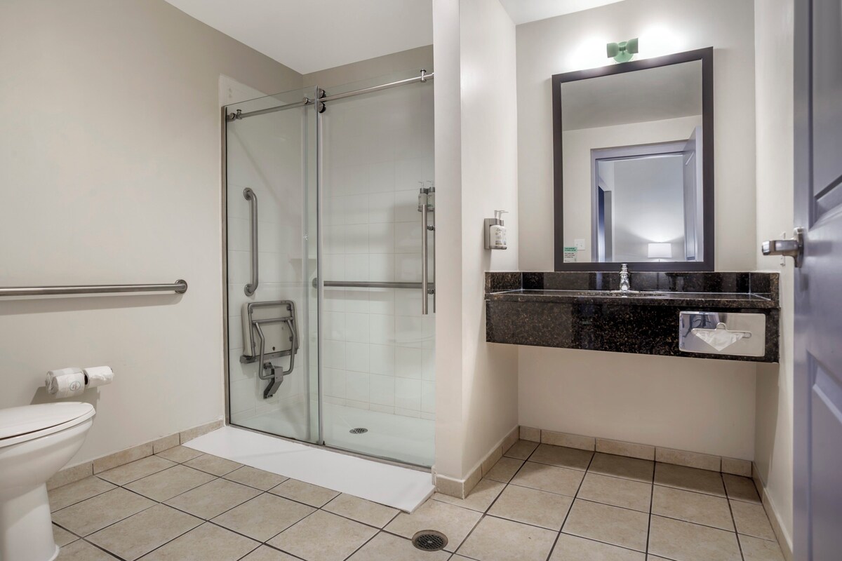 Un baño moderno con cabina de ducha de vidrio, inodoro blanco, lavamanos con encimera oscura y espejo sobre el lavamanos.