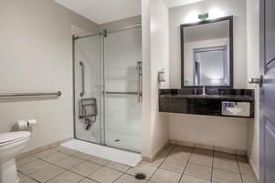 Ein modernes Badezimmer mit einer gläsernen Dusche, Toilette, Waschbecken mit Marmorplatte und einem großen Spiegel darüber.
