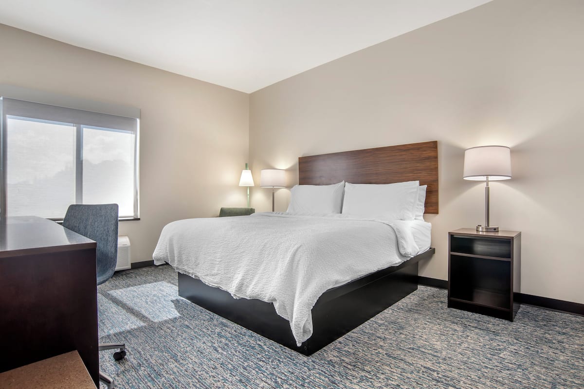Une chambre d’hôtel avec un lit, des lampes de chevet, un bureau et une fenêtre.