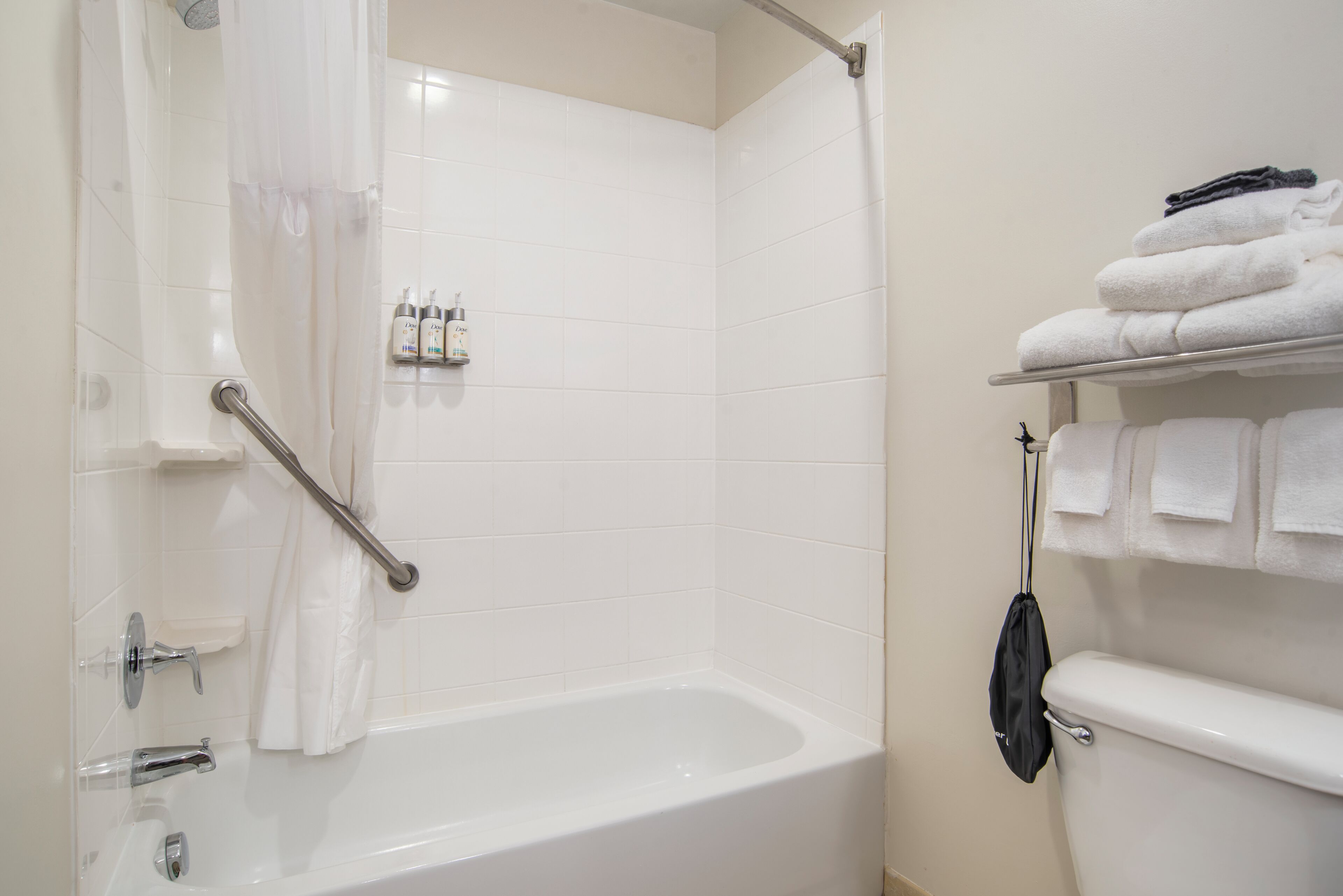 combined shower/bathtub, free toiletries, hair dryer, towels
