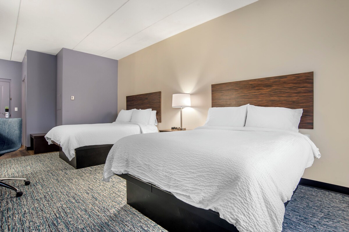 Habitación de hotel con dos camas, un escritorio y una silla.
