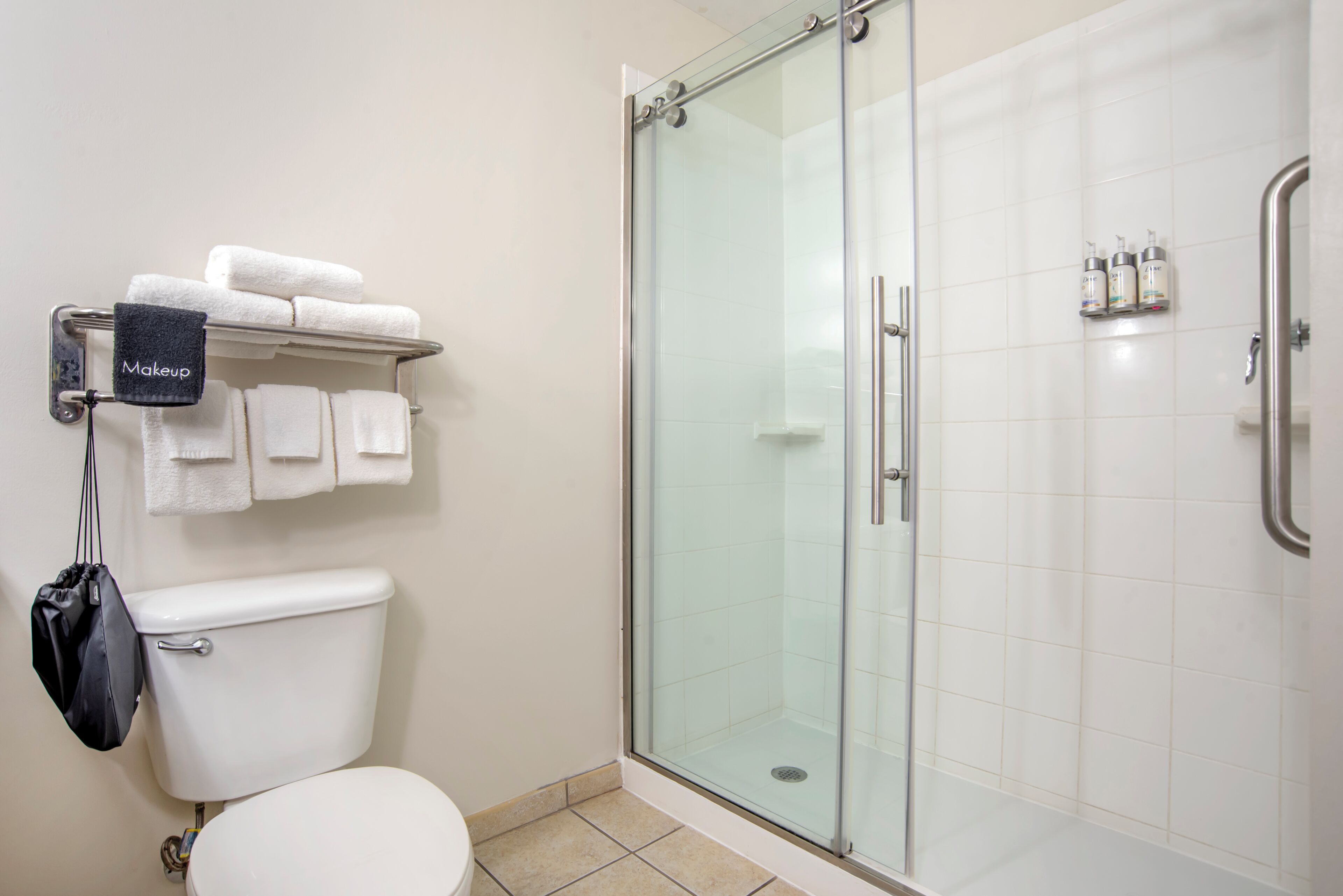 combined shower/bathtub, free toiletries, hair dryer, towels