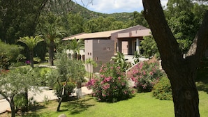 A modern two-story building with a flat roof, surrounded by lush greenery and flowering plants. - TH Costa Rei - Free Beach Club (Muravera)