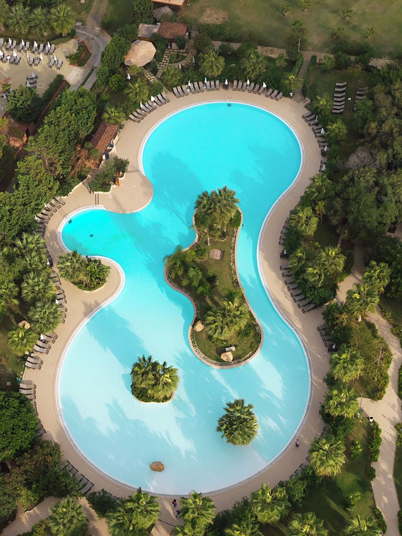 Une vue aérienne d’une grande piscine à la forme originale, entourée de palmiers et de chaises longues.
