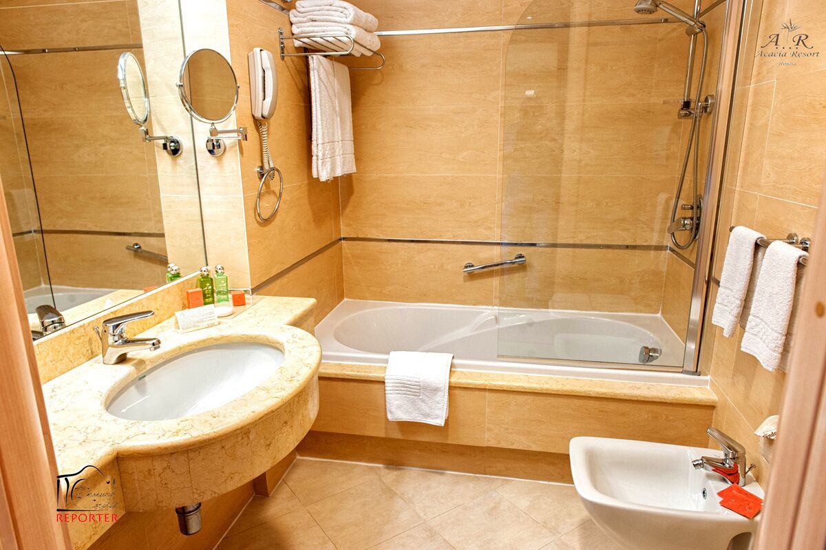 combined shower/bathtub, rainfall showerhead, hair dryer, bidet