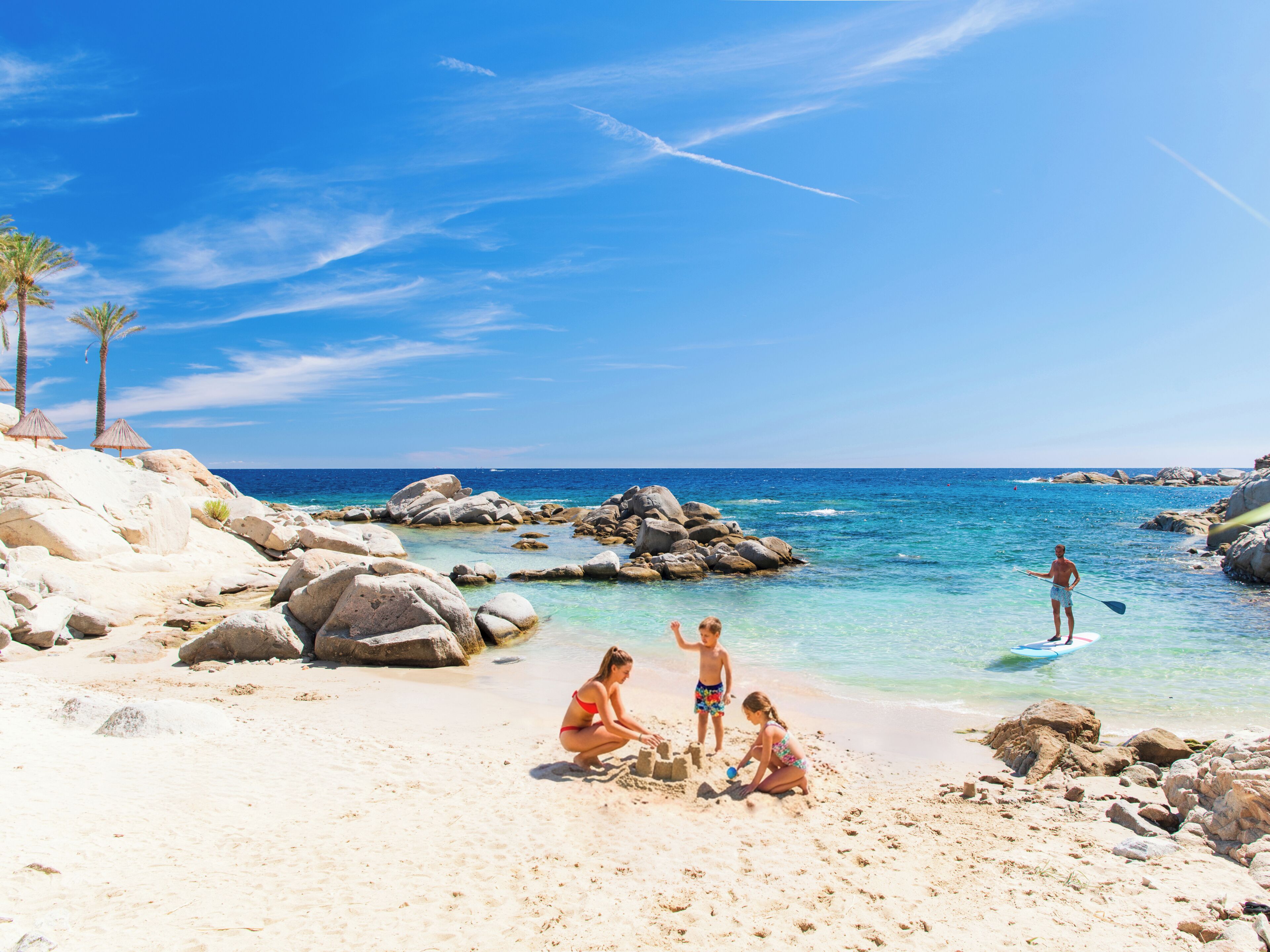 Una playa con agua cristalina, rocas y palmeras.
