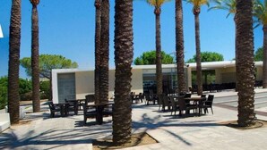 An outdoor seating area with palm trees, tables, and chairs. - Magna Grecia Village (METAPONTO)