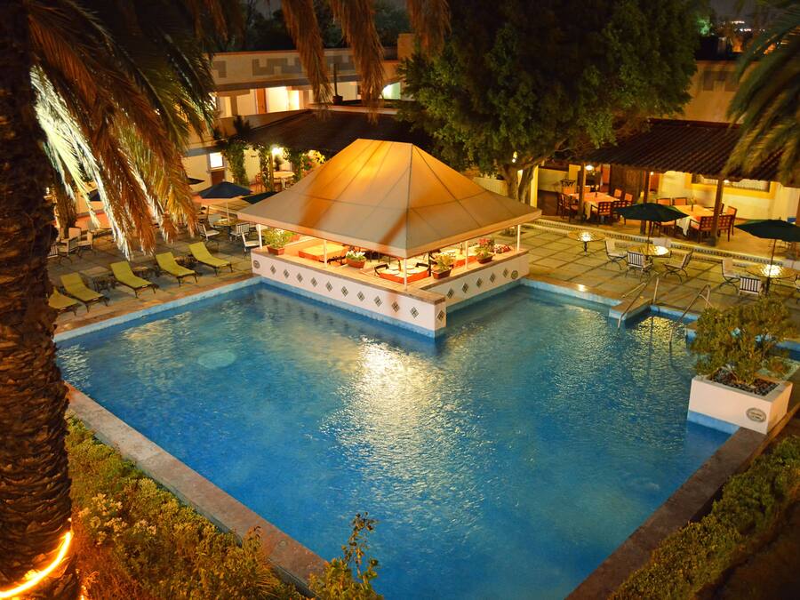 Outdoor pool, pool umbrellas, pool loungers