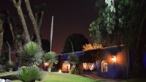 A nighttime view of a building with a well-lit entrance, surrounded by various types of vegetation and a paved pathway. - Villas Arqueologicas Teotihuacan (Teotihuacan)