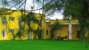 Un bâtiment jaune, avec une pelouse verte au premier plan.