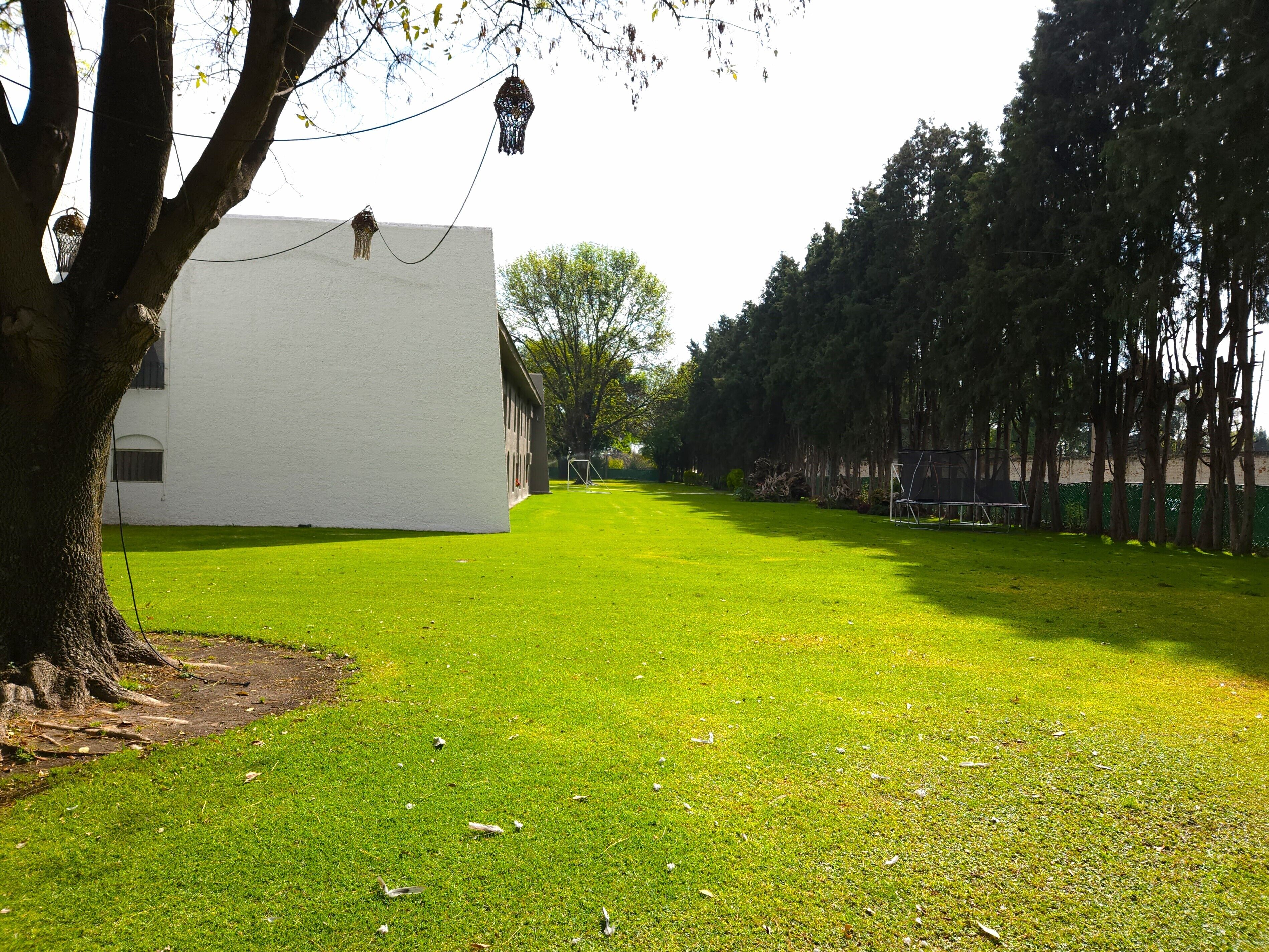 A well-maintained grassy area with a white building, trees, and a swing set.