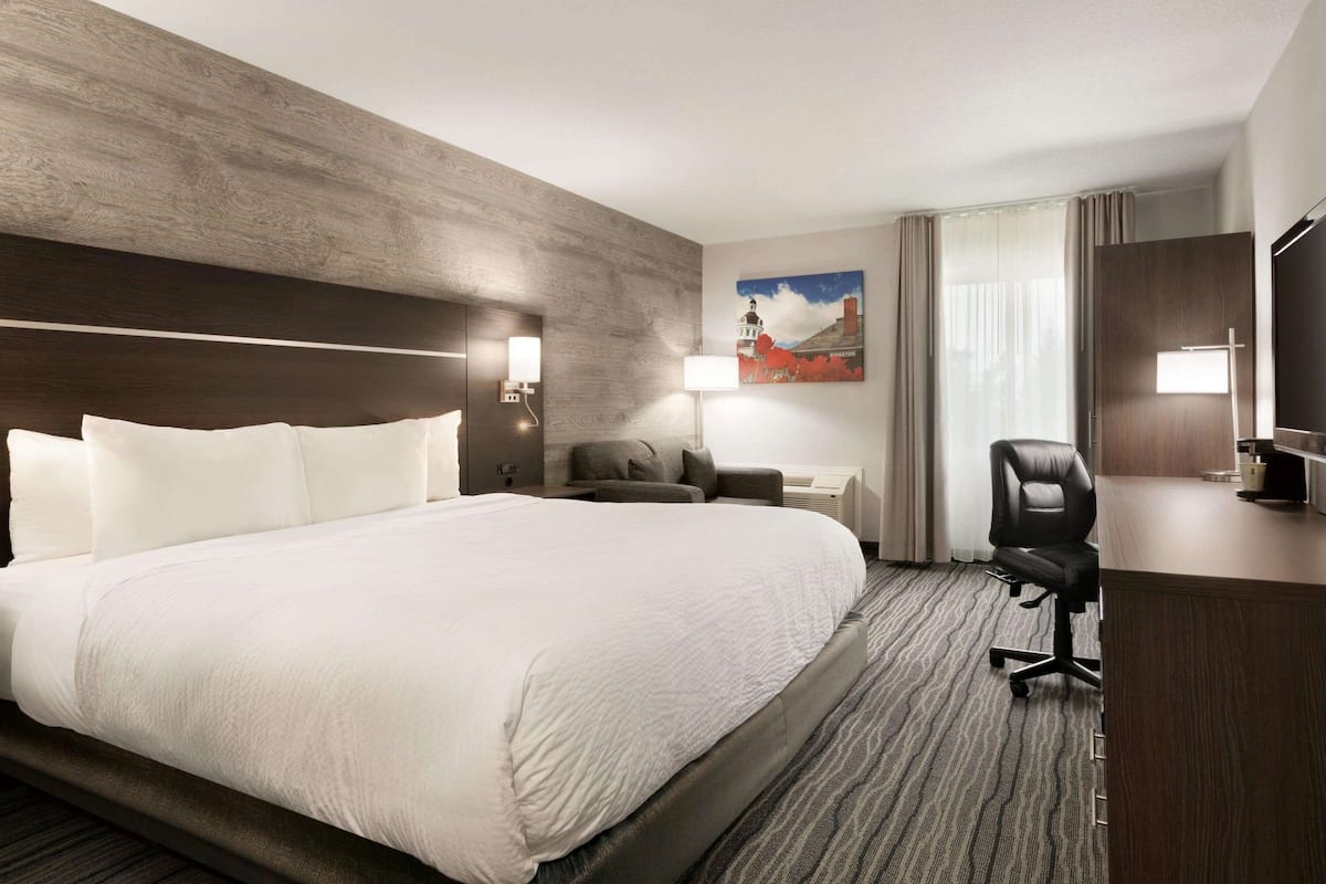 Una habitación de hotel con una cama grande, un escritorio, una silla y un cuadro en la pared.