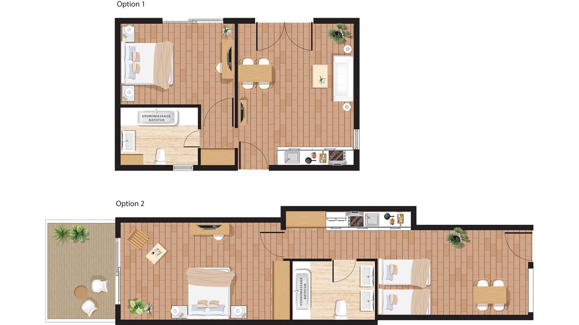 Twee plattegronden van een hotelkamer met een badkamer, een keuken en een zithoek.