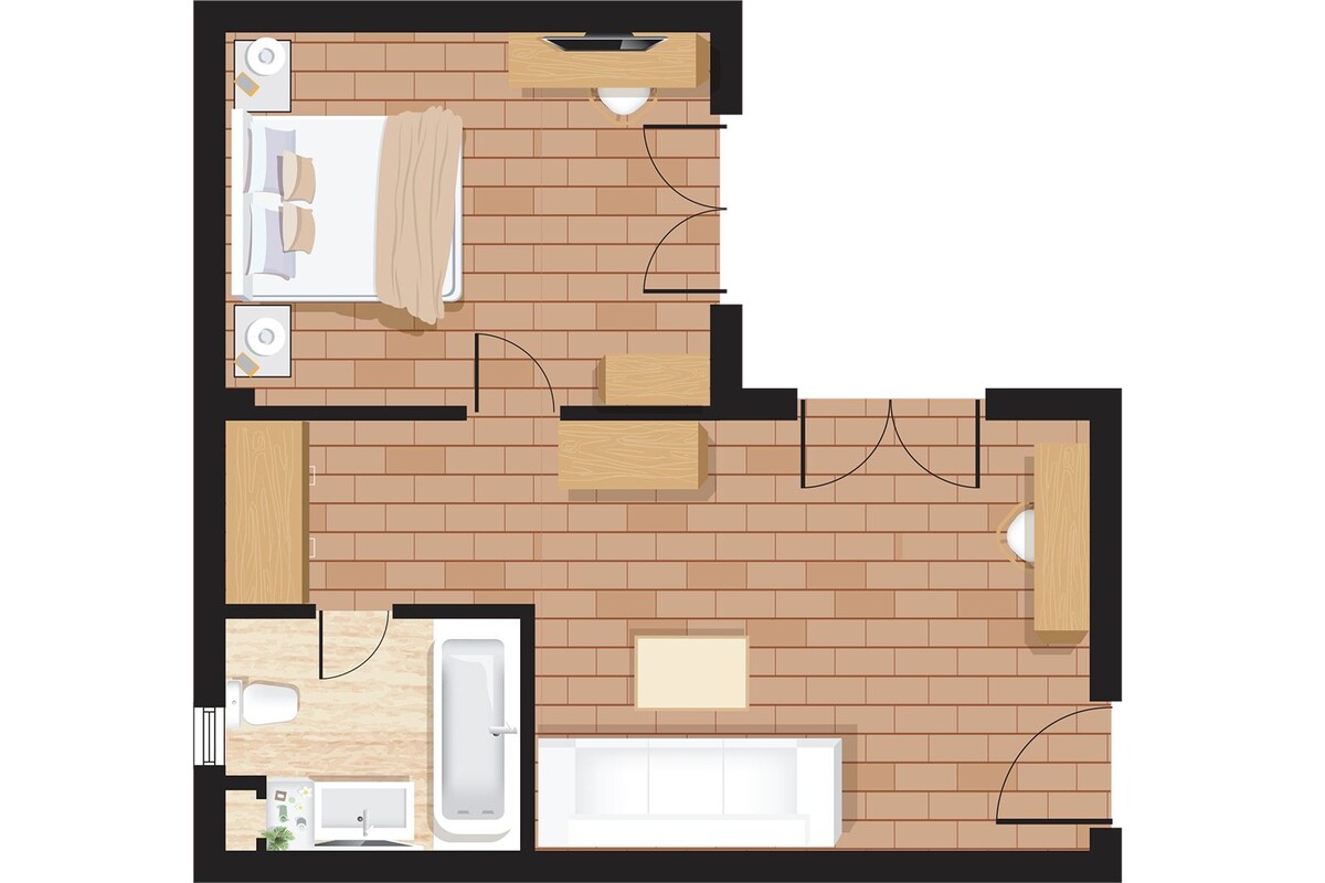 Distribución de una habitación de hotel con baño, una pequeña zona de estar y una kitchenette.