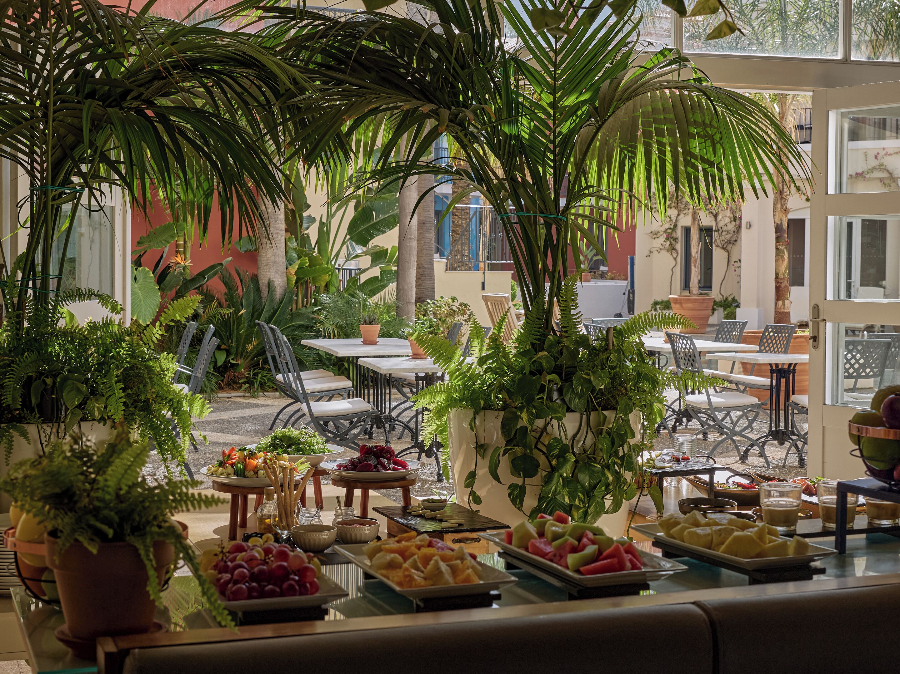An outdoor dining area with tables, chairs, and various plants.