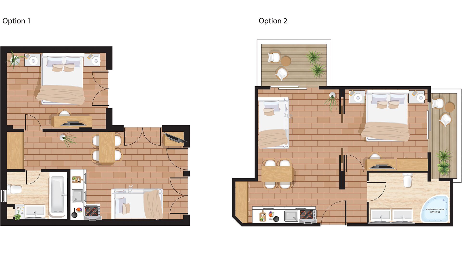 Two floor plans of a hotel room with a kitchen, bathroom, and a small living area.