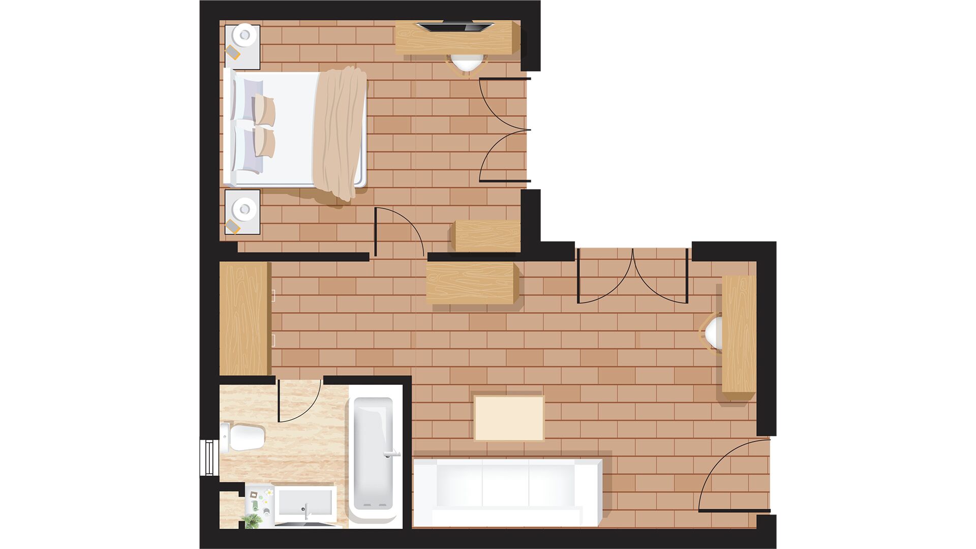 A hotel room layout with a bathroom, a small sitting area, and a kitchenette.