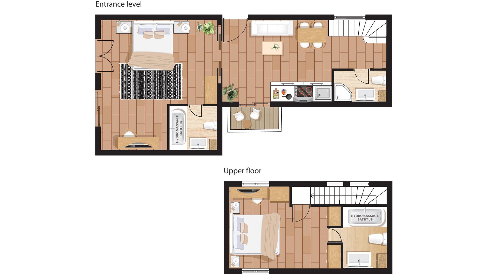 A hotel layout with a bedroom, bathroom, and kitchenette on the entrance level, and a separate bedroom and bathroom on the upper floor.