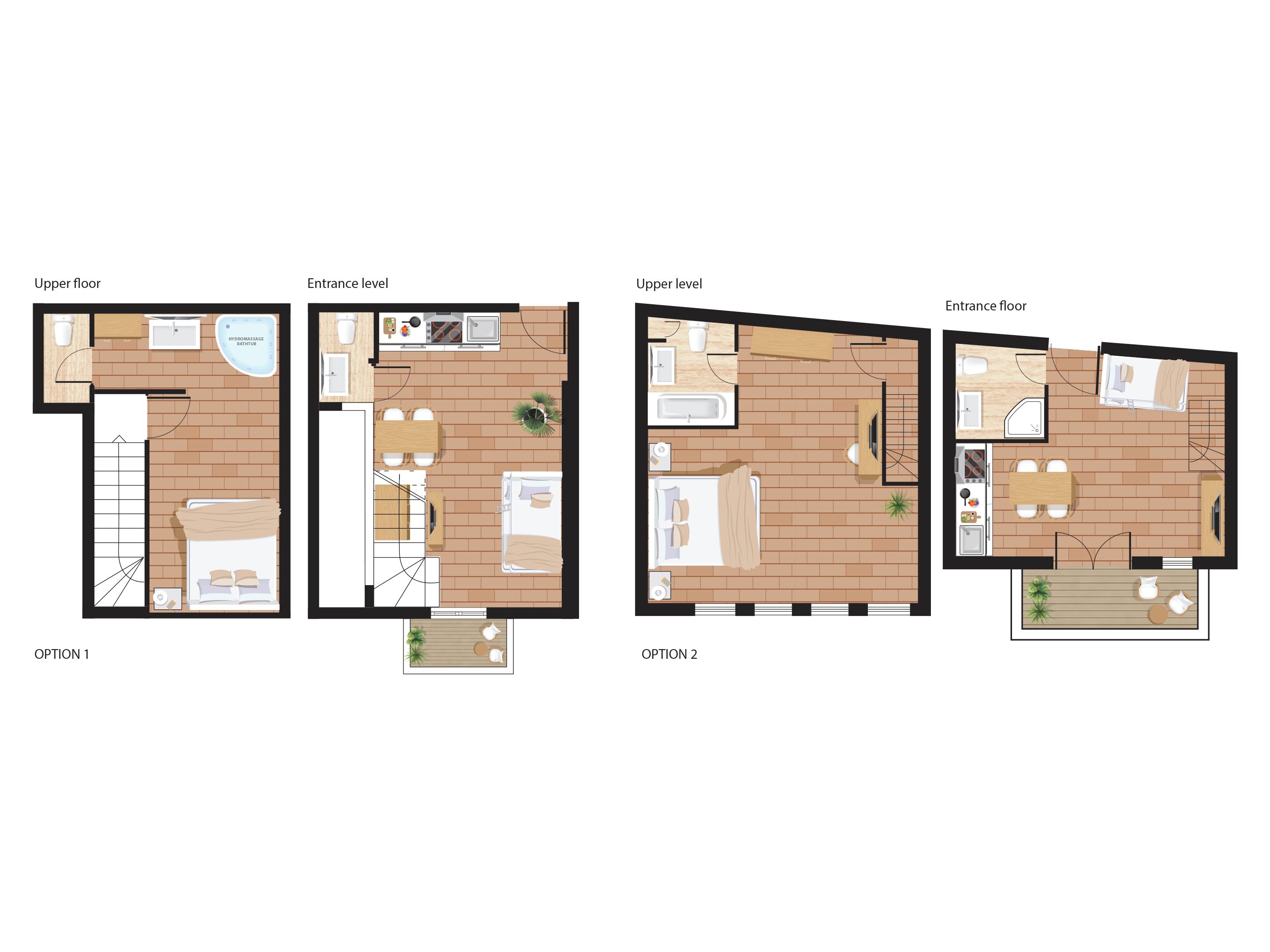 Two floor plans of a hotel room with an upper floor, entrance level, and upper level. Each plan includes a bathroom, a dining area, a bedroom, and a living area.
