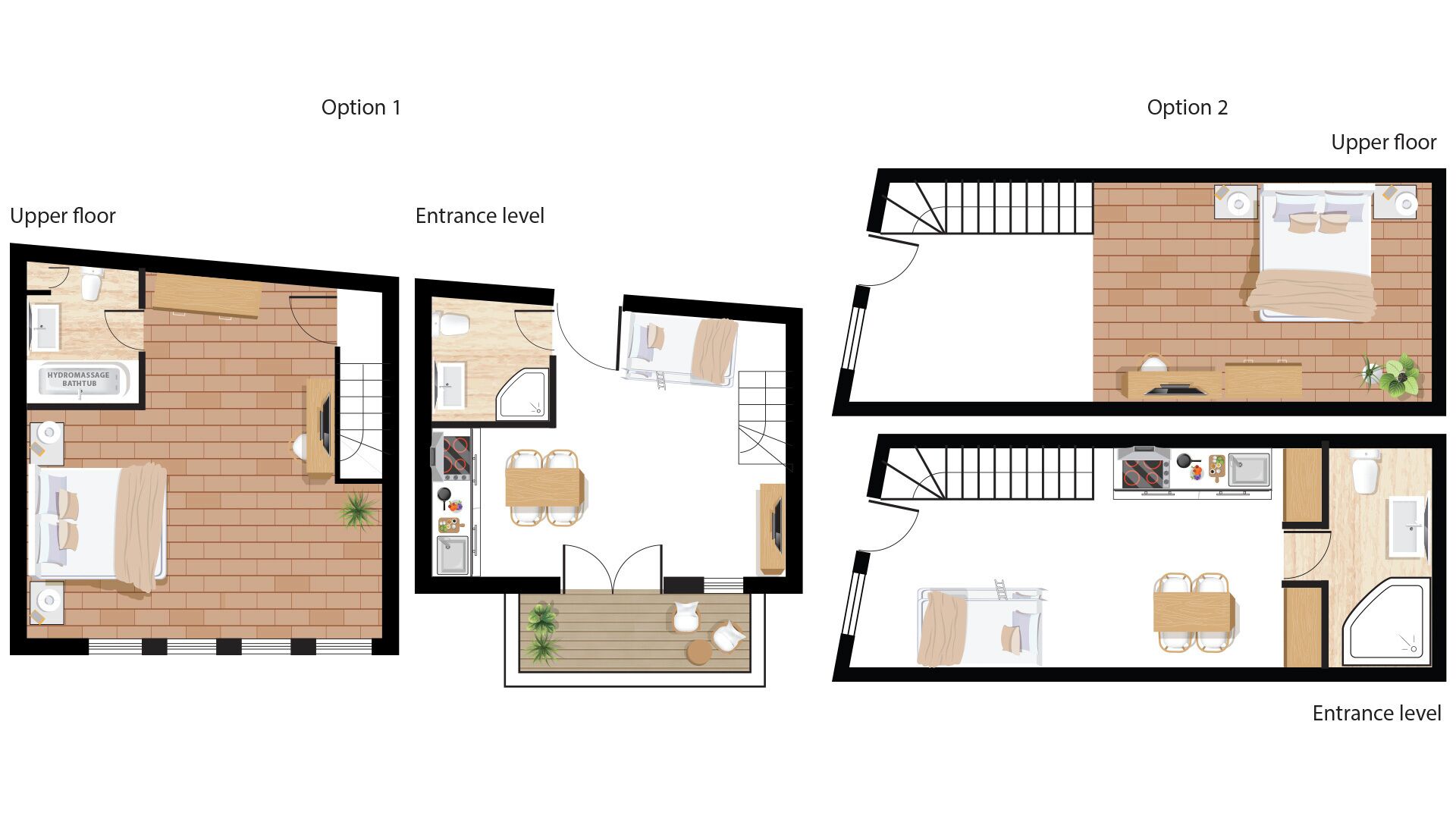 Two floor plan options for a hotel room layout, including a hydromassage bathtub and a kitchen area.