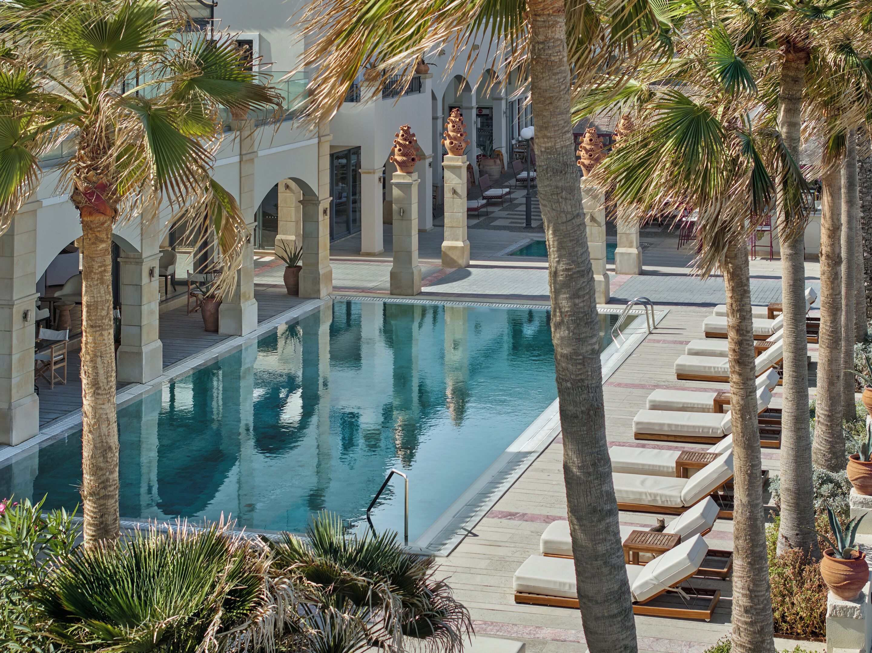A pool surrounded by palm trees and lounge chairs, with a building in the background.