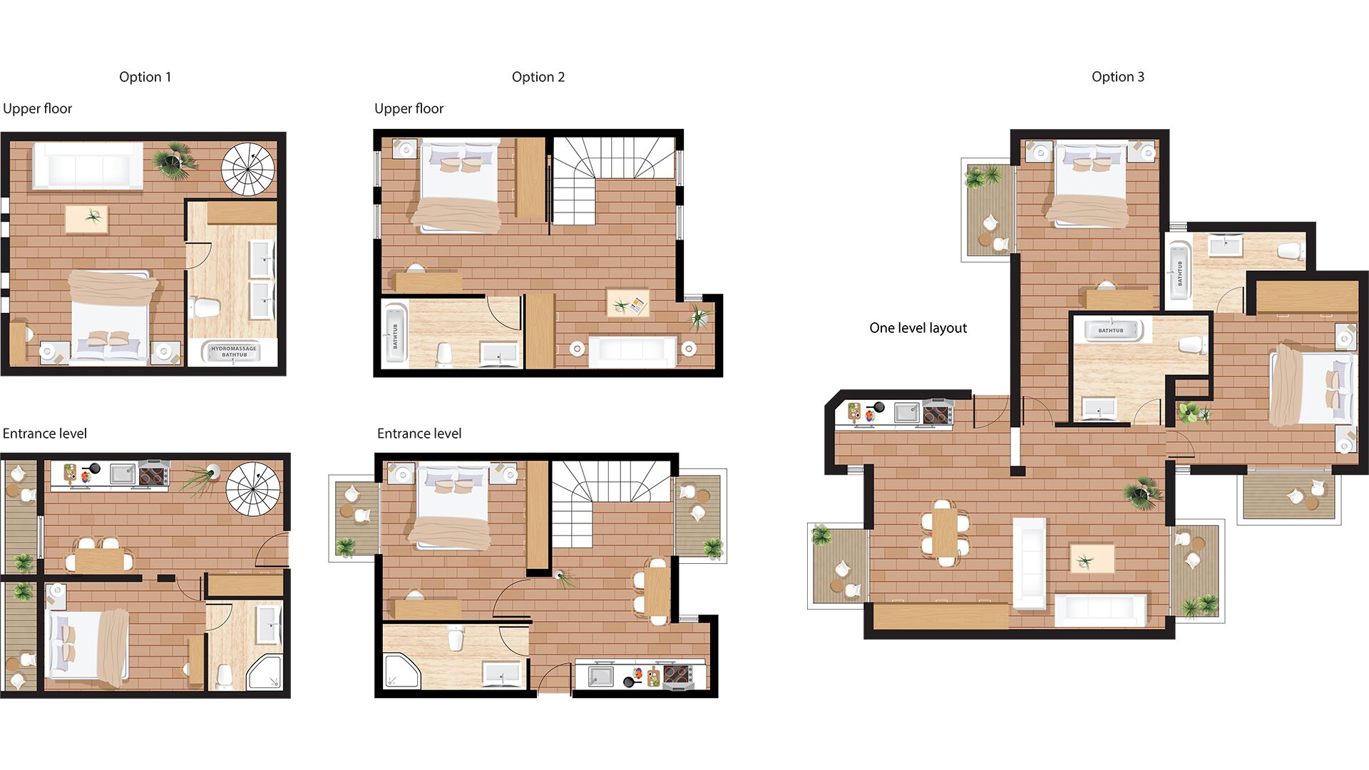 Three floor plans of a hotel with a consistent brick design, a common bathroom, and a kitchen area.