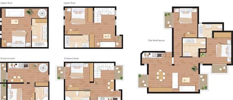 Three floor plans of a hotel with a consistent brick design, a common bathroom, and a kitchen area.