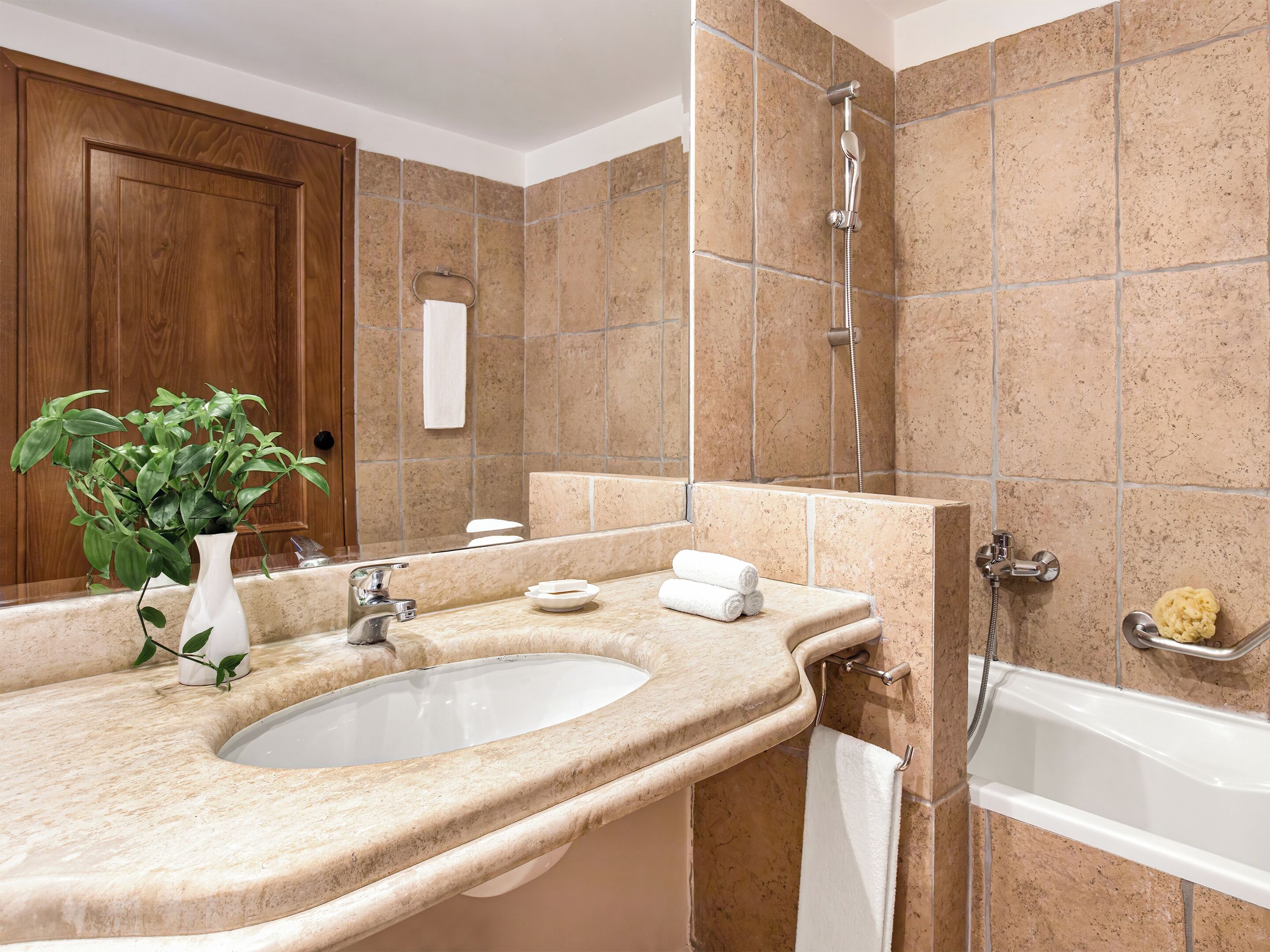 Een badkamer met een wastafel, spiegel, douche en een potplant.